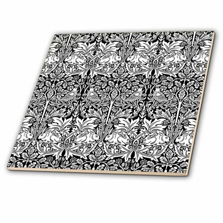 3dRose, William Morris Brer Rabbit Chintz Pattern in Black and White, 12 Inch Ceramic Tile