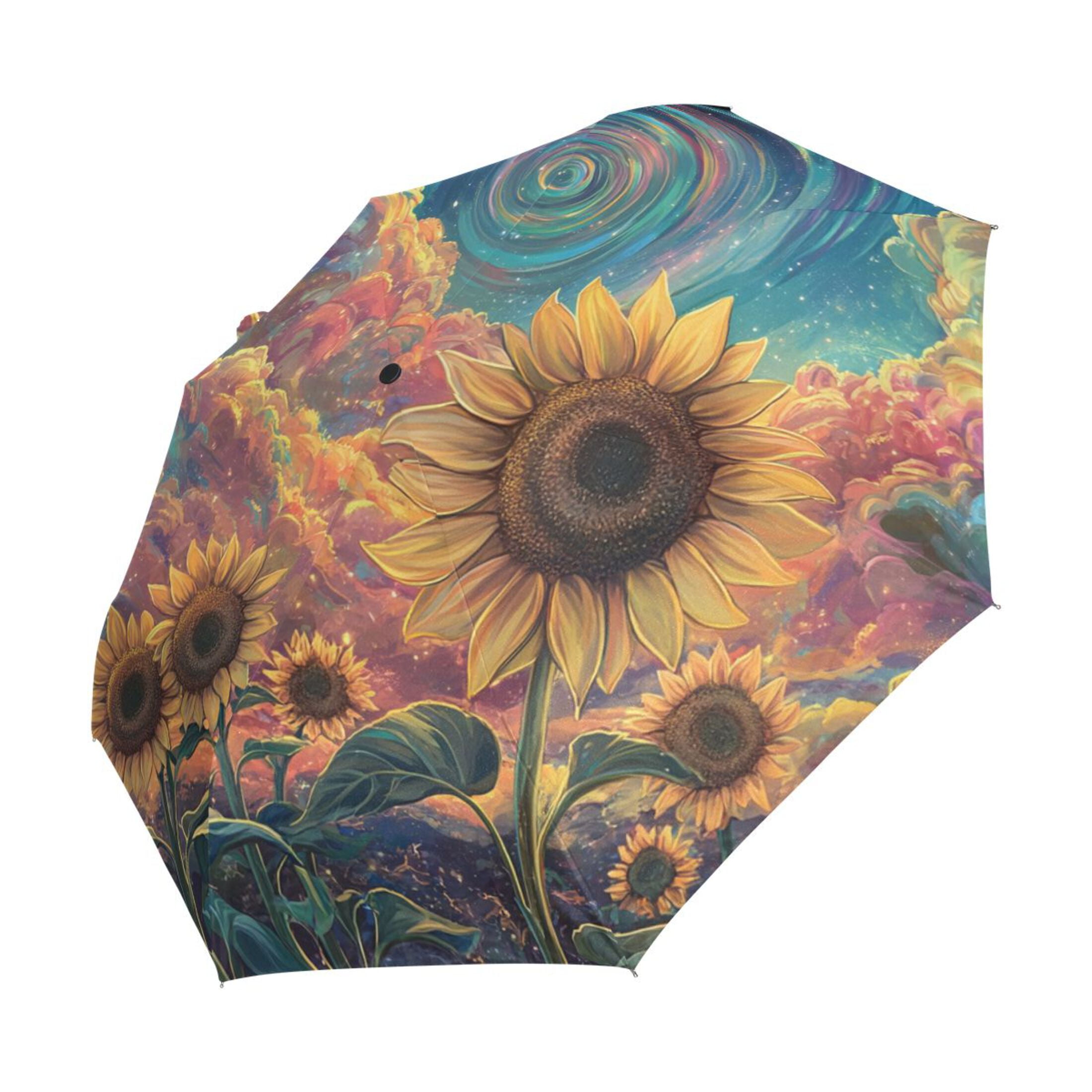 YAZAOO One-Touch Auto Open Close Rain Umbrella With Creative Sunflowers under A Cosmic Sky Pattern