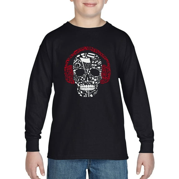 Boy's Word Art Long Sleeve - Music Notes Skull