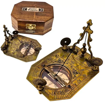 Sundial Pendulum Compass With Wooden Box Antique Vintage Collectible