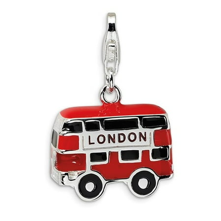 Sterling Silver Enamel Double Decker London Bus with Lobster Clasp Charm (0.5in long x 0.7in wide)