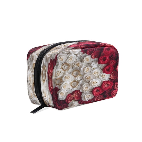 BZSMCE Makeup and Cosmetic Bag Women Simple White and Red Rose Pattern Square Cosmetic Bag