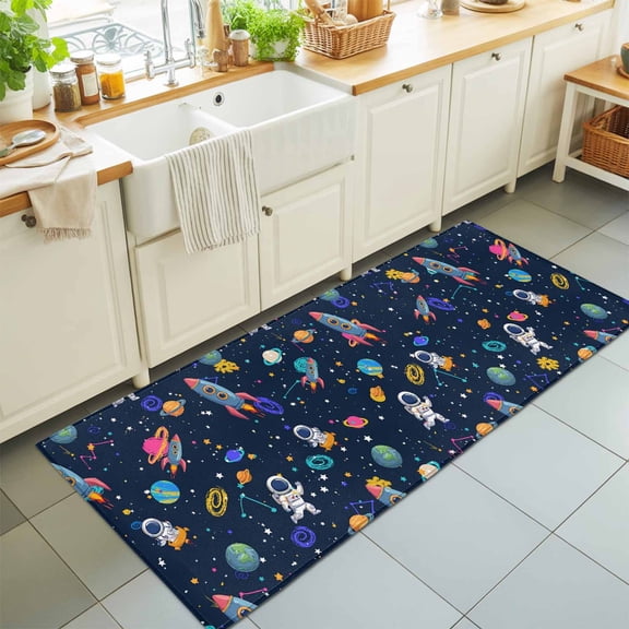 Hallway Runner Rug 2'x6', Navy Blue Space Kitchen Runner Rugs Non-Slip Carpet Mats, Rocket Planet Star Colorful Bedside Rugs Runners Washable Floor Carpet for Bathroom Laundry Room
