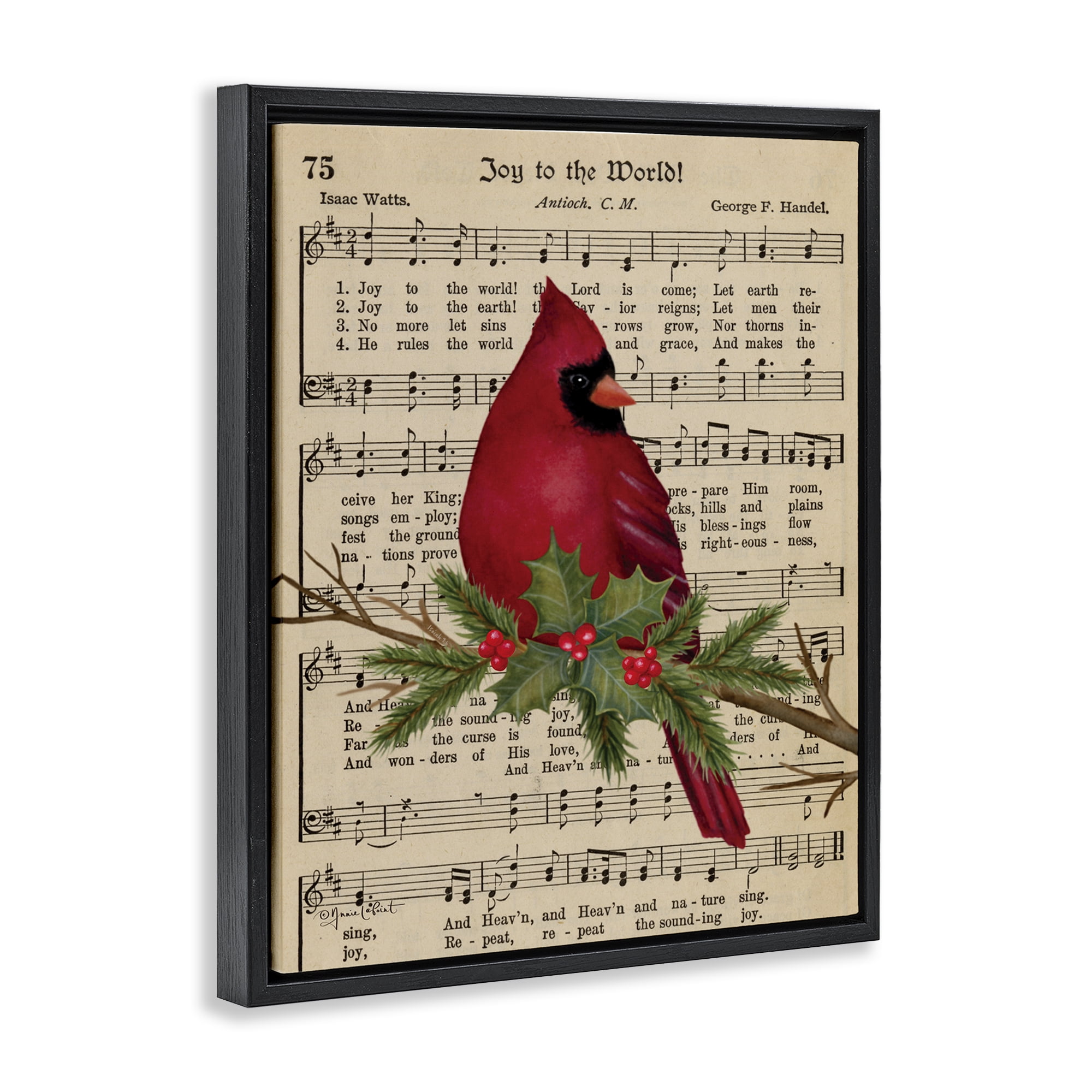 Stupell Industries Cardinal on Holiday Music Holiday Painting Black Floater Framed Canvas Art Prints Wall Art, 17 x 21