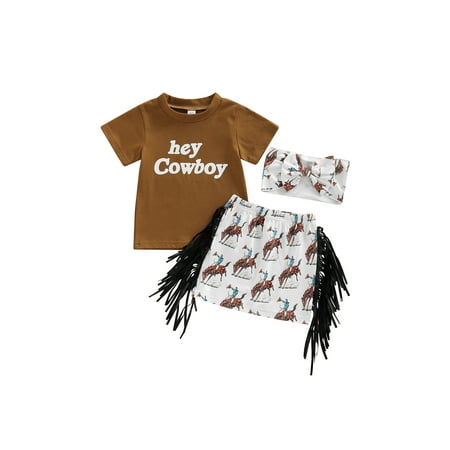 

Suanret 3Pcs Kids Toddler Girls Clothes Sets Letter Print Short Sleeve Tops+ Animal Print Tassel Skirt + Headband Brown White 1-2 Years