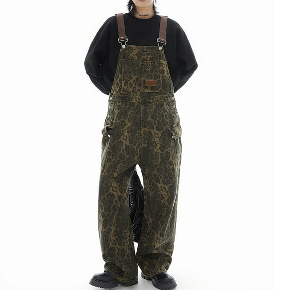 ZAZYULZ Resort Wear for Women 2024 Atzhose Damen Leopard Jeans Overalls Baggy Lässige Stretch Hosen Jumpsuit Denim Y2 K(Khaki,Xl)