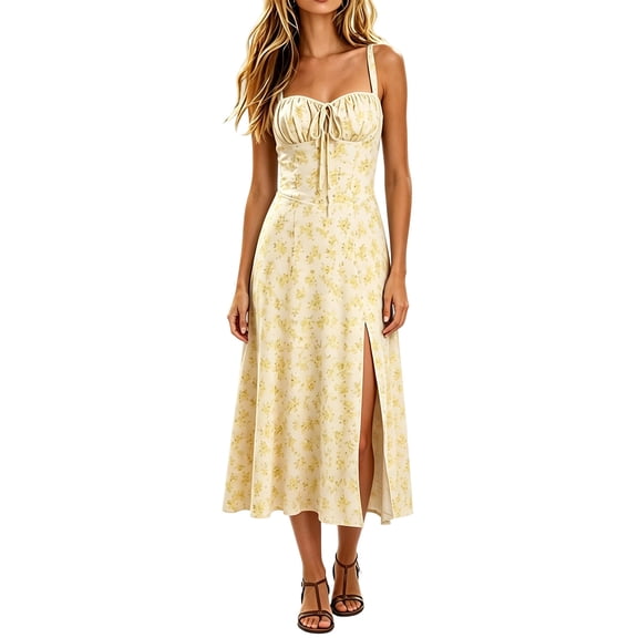 YuXingFu Women Maxi Maxi Dress Maxi Square Neckline Plus Size Womens Dress Sleeveless Pleated Long Casual Summer Yellow XXS