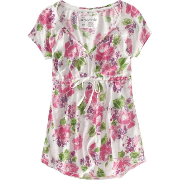 Aeropostale Blusa de muñeca corta floral para mujer, blanca, grande
