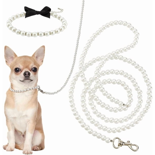 Collar de perlas blancas y correa de cuentas para perro, gato, 120 cm, extensión de correa con cuentas a prueba de mordeduras con cierre de aleación.