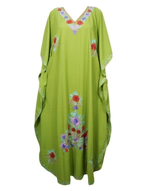 Mogul Women's Green Floral Embroidered Long Cotton Kaftan Dress 3XL