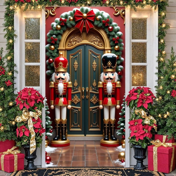 Red & Gold Christmas Nutcracker Banner Snowy Design Christmas Backdrop Festive Theme Ornament Decorated Nutcracker Display for Christmas Party Home Doorway Decor Indoor Holiday Celebration