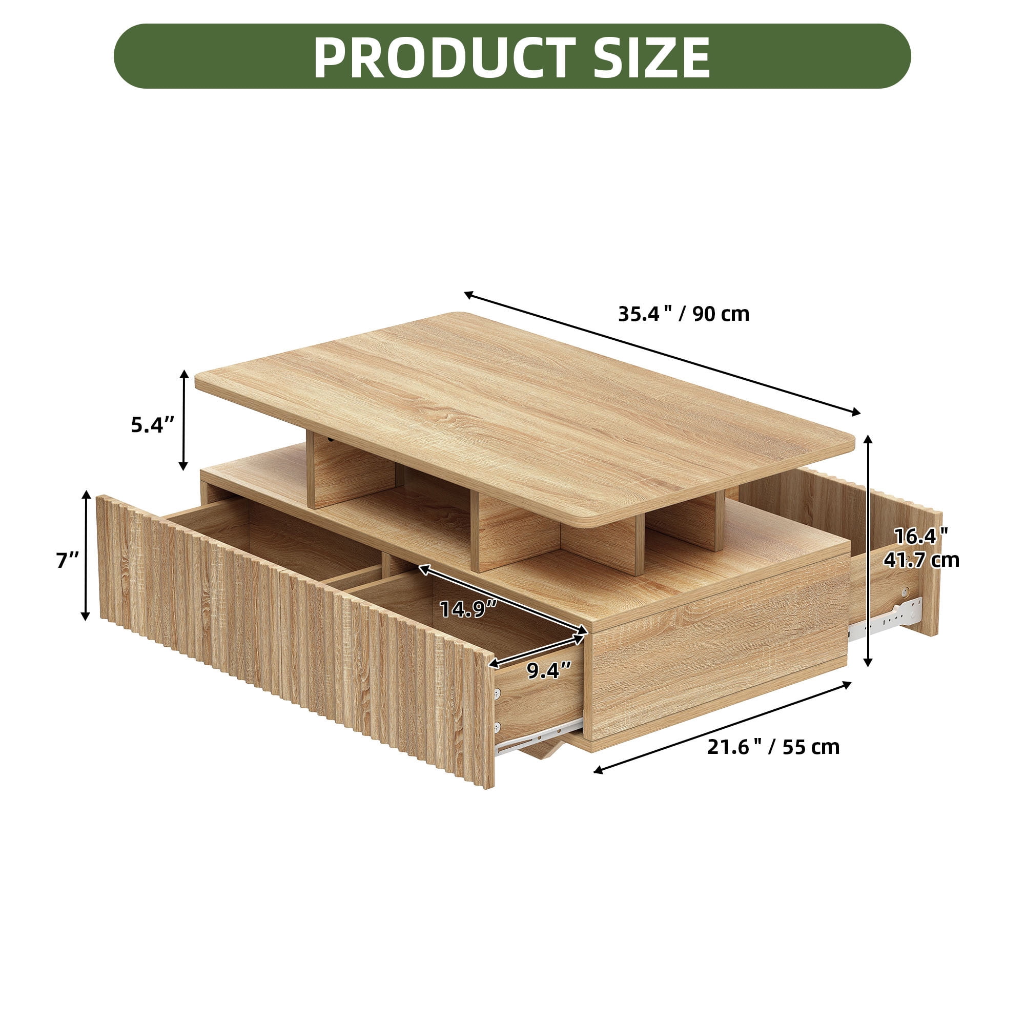 Uforic Fluted LED Coffee Table, Modern Center Tables with Storage for Living Room, Oak