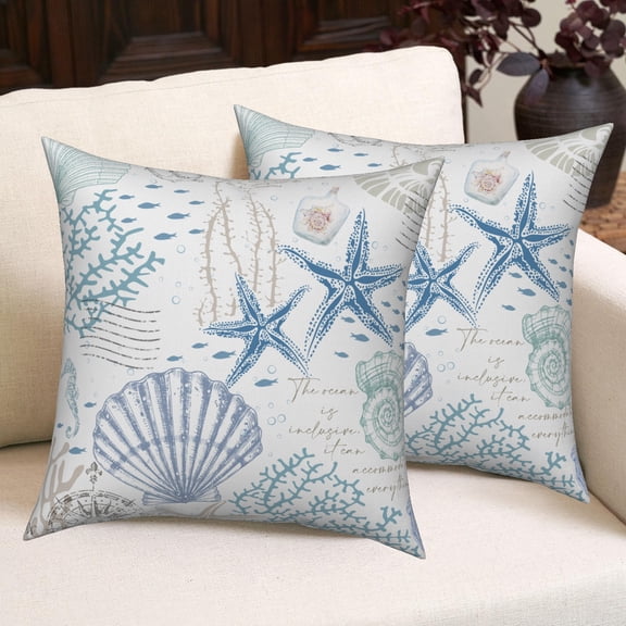 Blue Summer Pillow Covers Beachy Underwater World Starfish Linen Decoration Pillowcase for Home Couch Sofa Bed,18x18 Inch, Set of 2