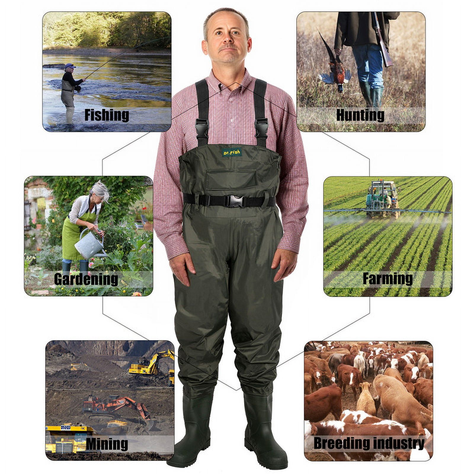 Dr.Fish Waterproof Chest Waders with Boots for Fishing, Gardening, Farming, Hunting