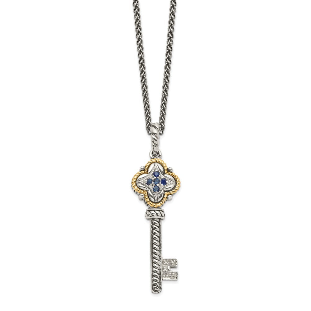Blue Sapphire & Real Diamond Accent Key Pendant W/18"Chain Rose Gold Over Silver 