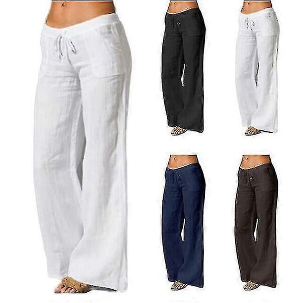 Women's Cotton Linen Wide Leg Pants - Solid Casual Elastic Waist Long Trousers