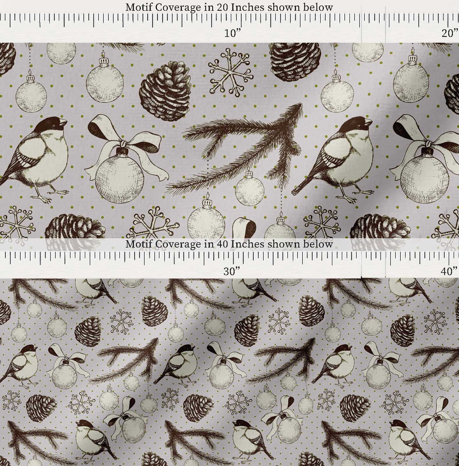 Soimoi Gray Cotton Voile Fabric American Robin & Baubles Christmas Printed Fabric 1 Yard 56 Inch Wide