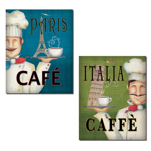 Jolly Paris and Italia Cafe Chefs by Daphne Brissonnet; Kitchen Decor; Two 11x14in Paper Poster