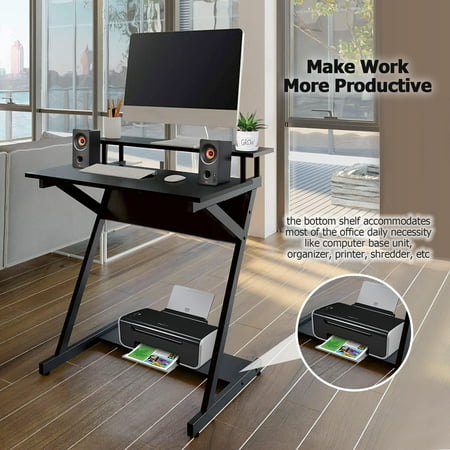 Z Shaped Computer Desk With Shelves, Small Black Computer Desk With Shelf For Printer