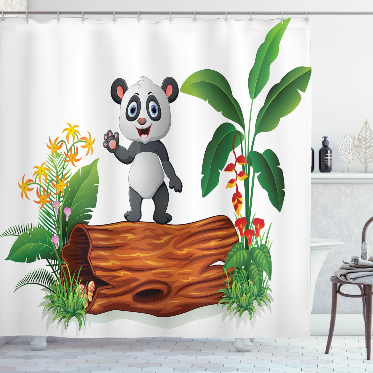 Cute Cartoon Panda Girl For Baby Kid Bathroom Fabric Shower Curtain Set 71Inches 