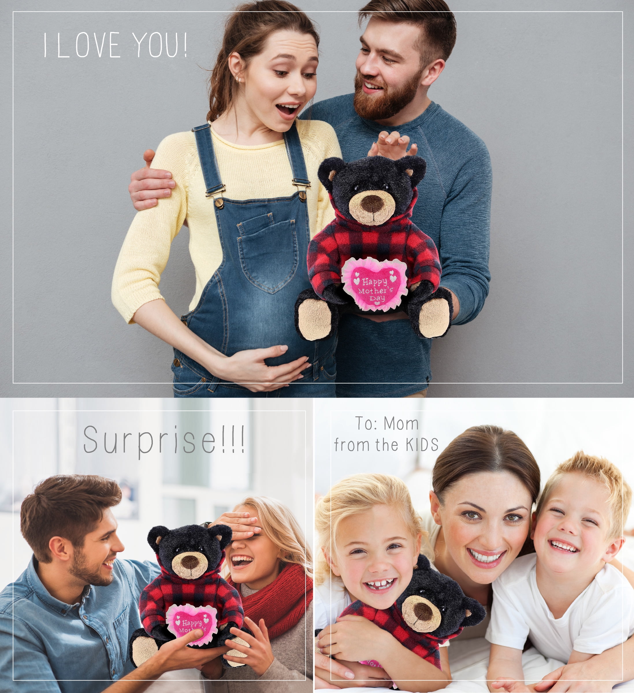 DolliBu Happy Mother's Day Super Soft Plush Black Bear With Red Plaid Hoodie - Cute Stuffed Animal with Pink Heart Message for Best Mommy, Grandma, Wife, Daughter, Wild Life Plush Toy Gift - 10 Inches