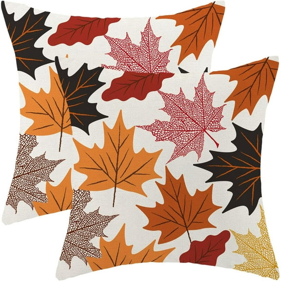 Fall Pillow Covers 18x18 Set of 2, Maple Leaf Pattern Fall Decorative Throw Pillows Linen Autumn Thanksgiving Decorations Farmhouse Cushion Pillow Covers for Sofa Couch Outdoor Decor