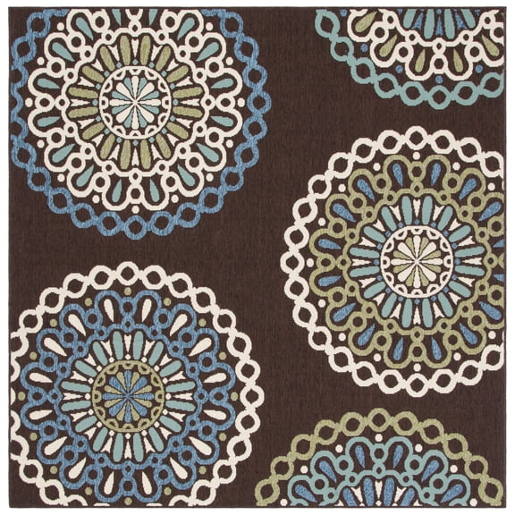SAFAVIEH Veranda Axum Geometric Indoor/Outdoor Area Rug, Chocolate/Blue, 3' x 3' Square