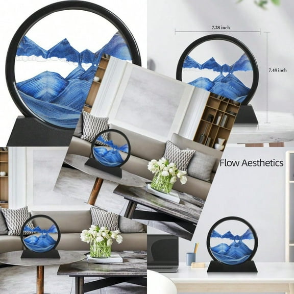 Moving Sand Art Liquid Motion 3D Deep Sea Sandscape Color Quicksand Decor Round Glass Moving Sand Art Picture Relaxing Desktop Home Office Work Decor Blue 7 Inch