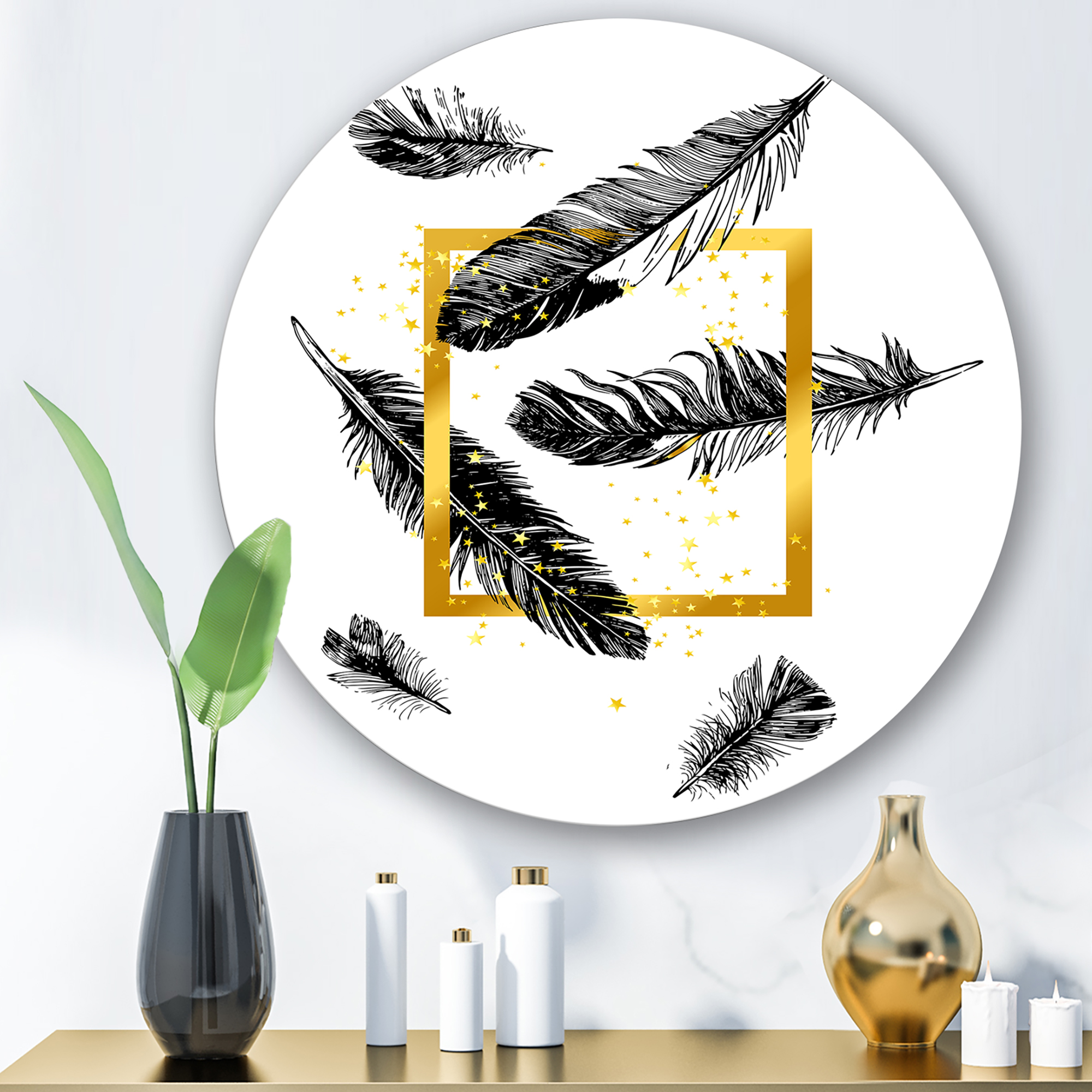 Designart 'Feathers and Golden Frame' Bohemian & Eclectic Circle Metal Wall Art 23x23 - Disc of 23
