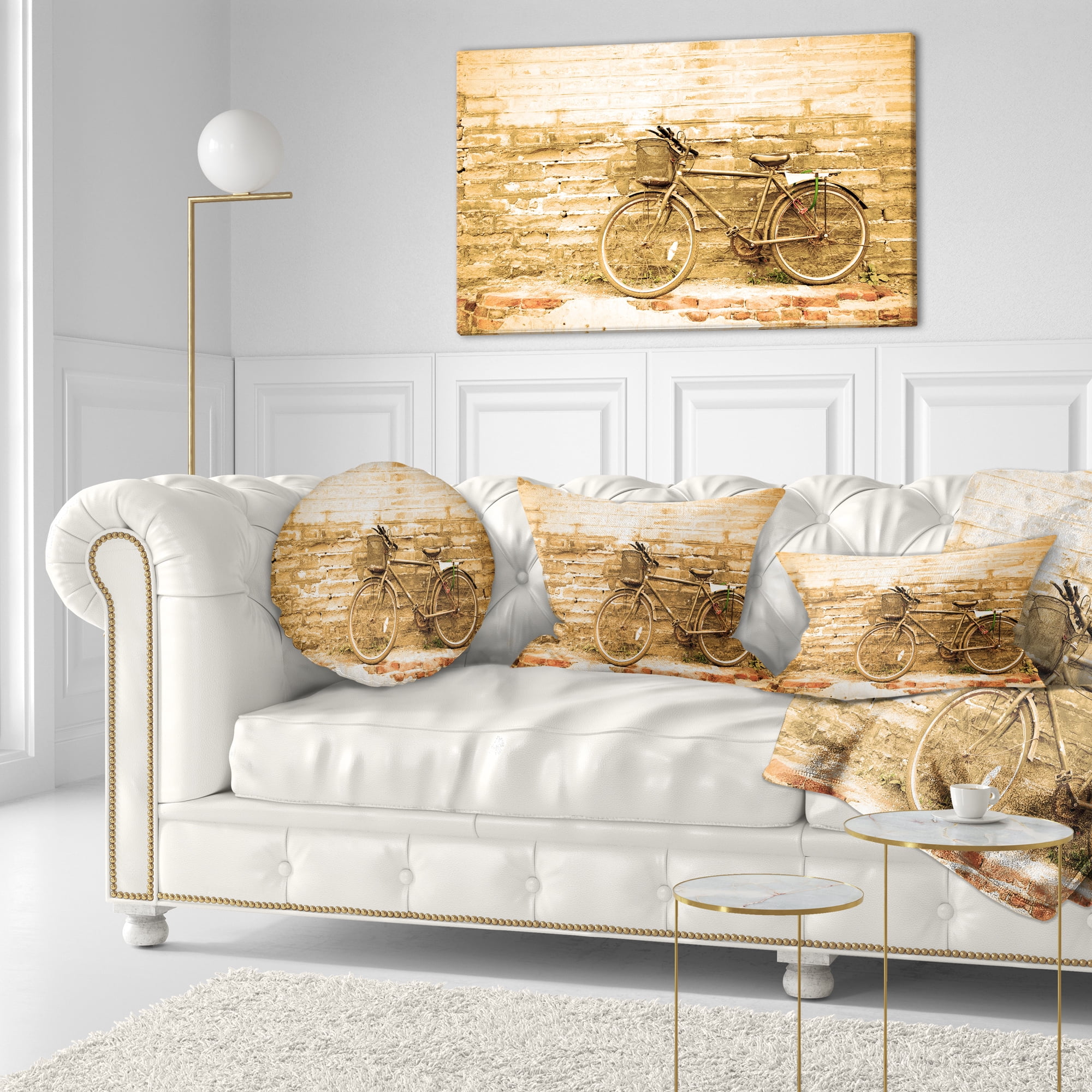 Designart Vintage Bicycle against Brown Wall - Landscape Printed Throw Pillow - 12x20