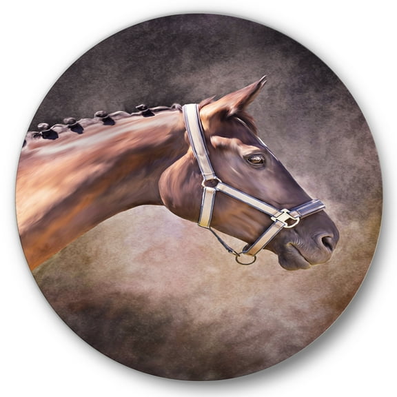 Designart 'Close Up Portrait Of Brown Horse' Farmhouse Circle Metal Wall Art 36x36 - Disc of 36