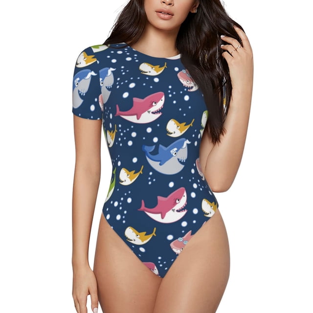 Bingfone Justaucorps à Col Rond pour Femmes Motif Requin Coloré, Manches Courtes à Boutons-Pression, Adapté pour Fête, Sport, Usage Quotidien-TTG