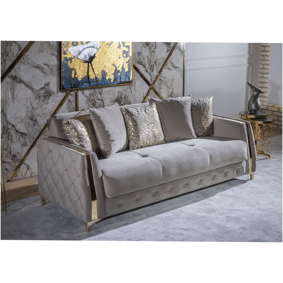 JERFIT 89" Velvet Tufted Sofa with Gold Trim and Pillows, Modern 3-Seater Couch for Living Room