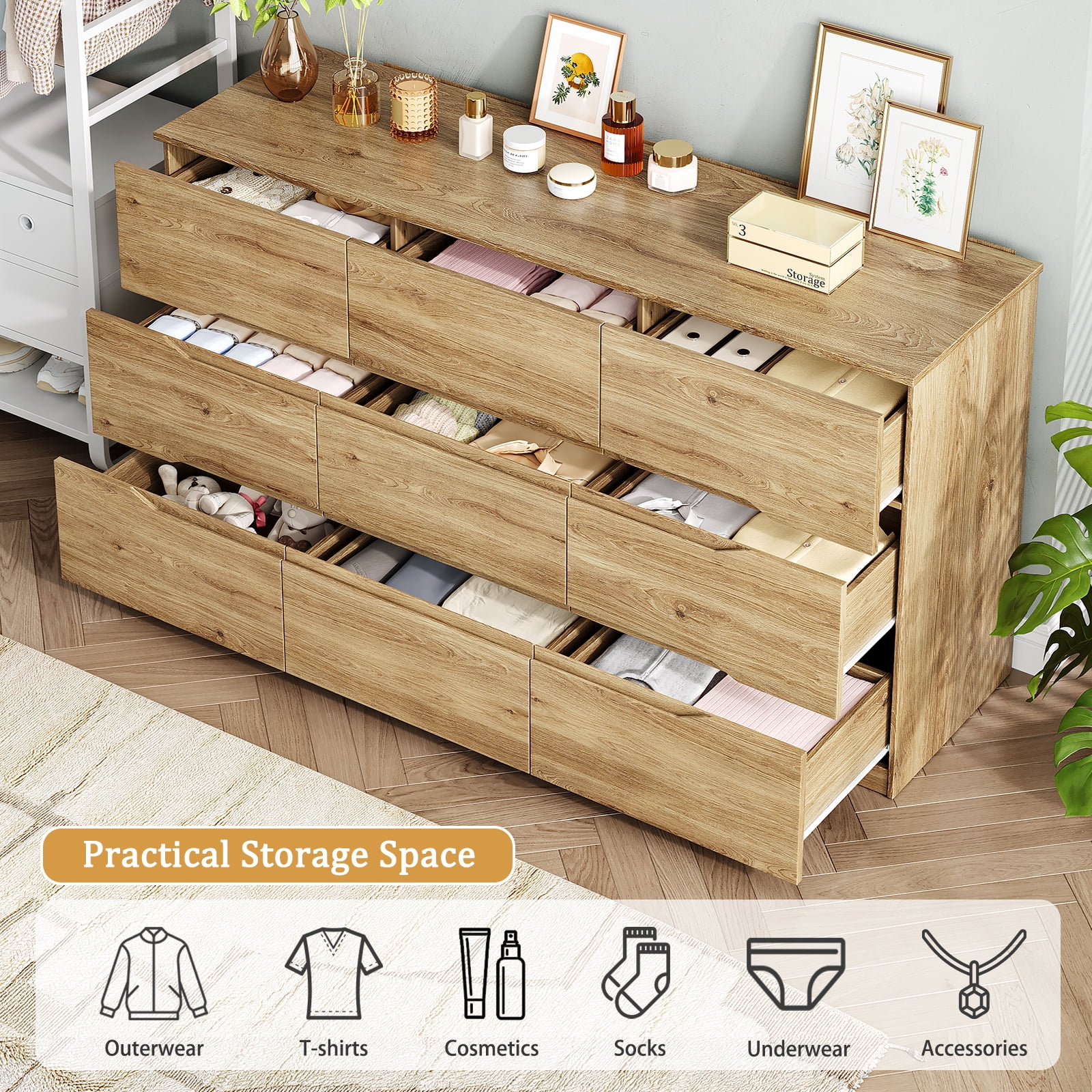 60.3 in Wide Modern Wood Dresser with 9 Drawers - Spacious Storage Chest for Bedroom