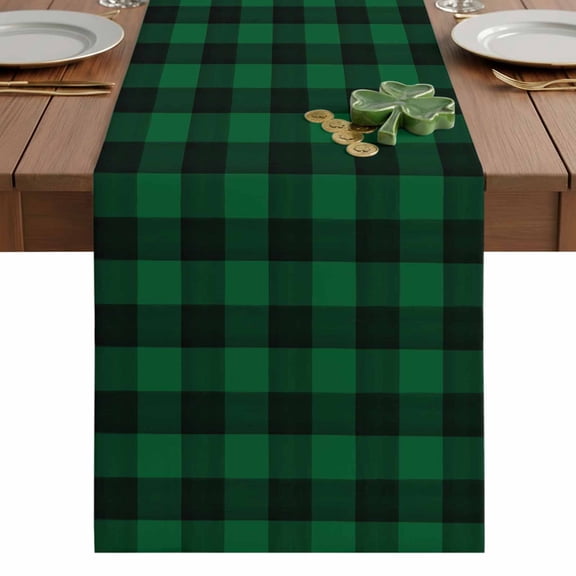 St. Patrick's Day Green Plaid Table Runner-72 Inch Long Geometric Black Check Table Runners Linen Burlap Tablerunner for Kitchen Dining Room Holiday Party