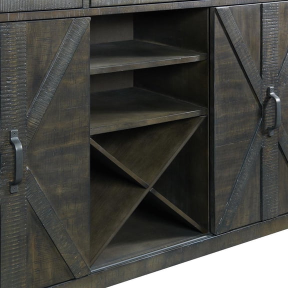 Trestle Server with Wine Rack Shelves Drawers in Distressed Gray Solid Wood