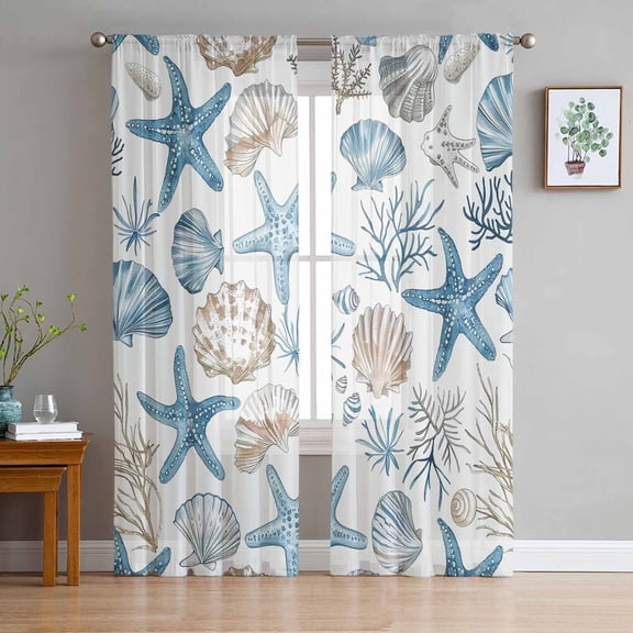 Blue Beige Coastal Semi Sheer Curtains 72 Inch Length 2 Panels Set, Summer Beach Nautical Starfish Shell Sheer Kitchen Curtain Privacy Voile Window Curtain for Living Room Bedroom Rod Pocket Drapes