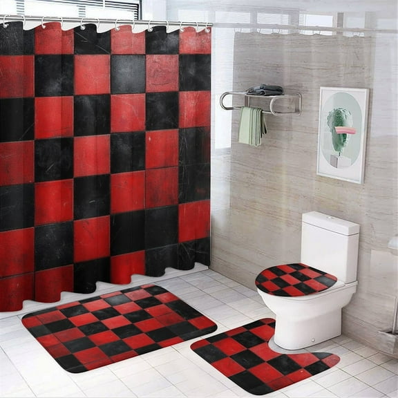 Red Black Checkerboard Pattern Shower Curtain Bathroom Sets Toilet Lid Rug, Bath Mat And Contour Mat, Shower Curtain 4Pcs