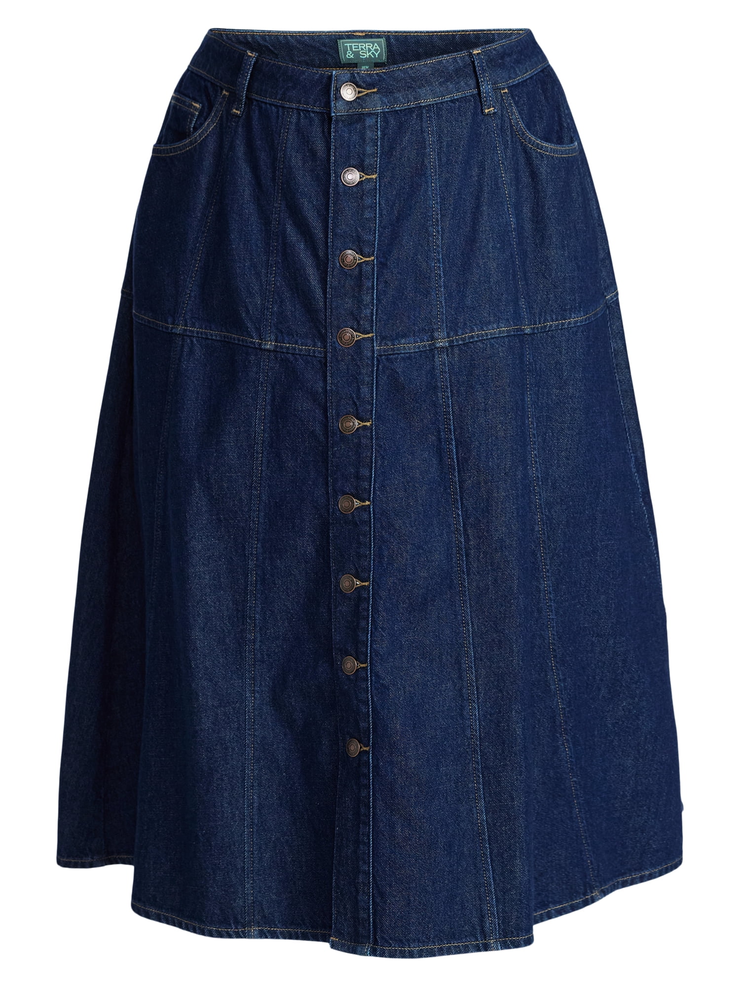 Terra & Sky Women's Plus Drapey Button Front Denim Skirt, Sizes 16W-24W