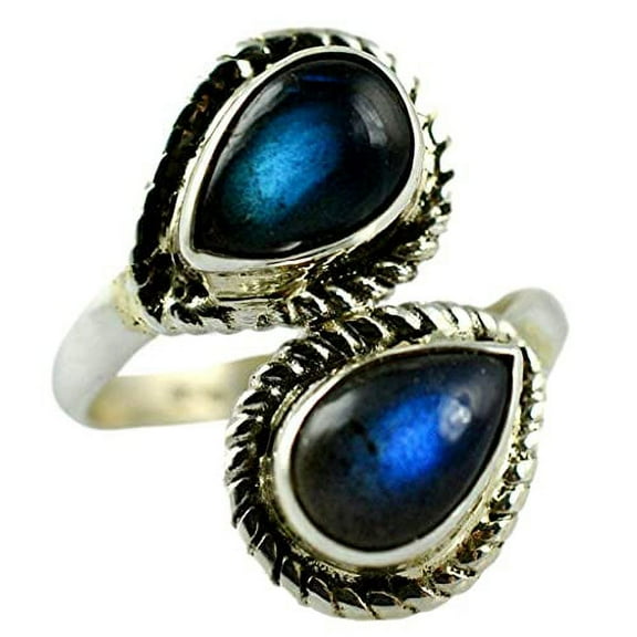 Navya Craft Labradorite Dual Pear Shape 925 Sterling Silver Handmade Women Statement Ring Size 5.5