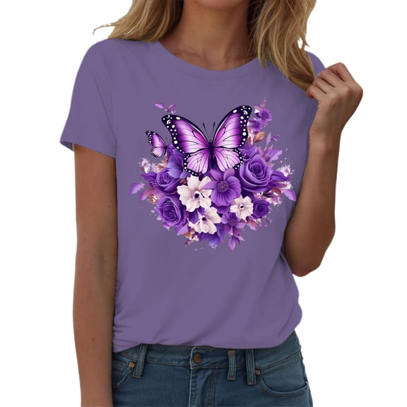 Yopmin Butterfly Shirts for Women Flower Crew Neck Summer Casual T Shirts Fashion Graphic Tees for Everyday Wear