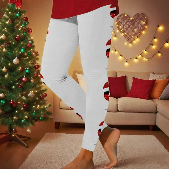 SYMOID Womens High Waisted Stretch Christmas Holiday Leggings with Wine Glass Santa Hat Print - White, Polyester Spandex Blend,Size 2XL
