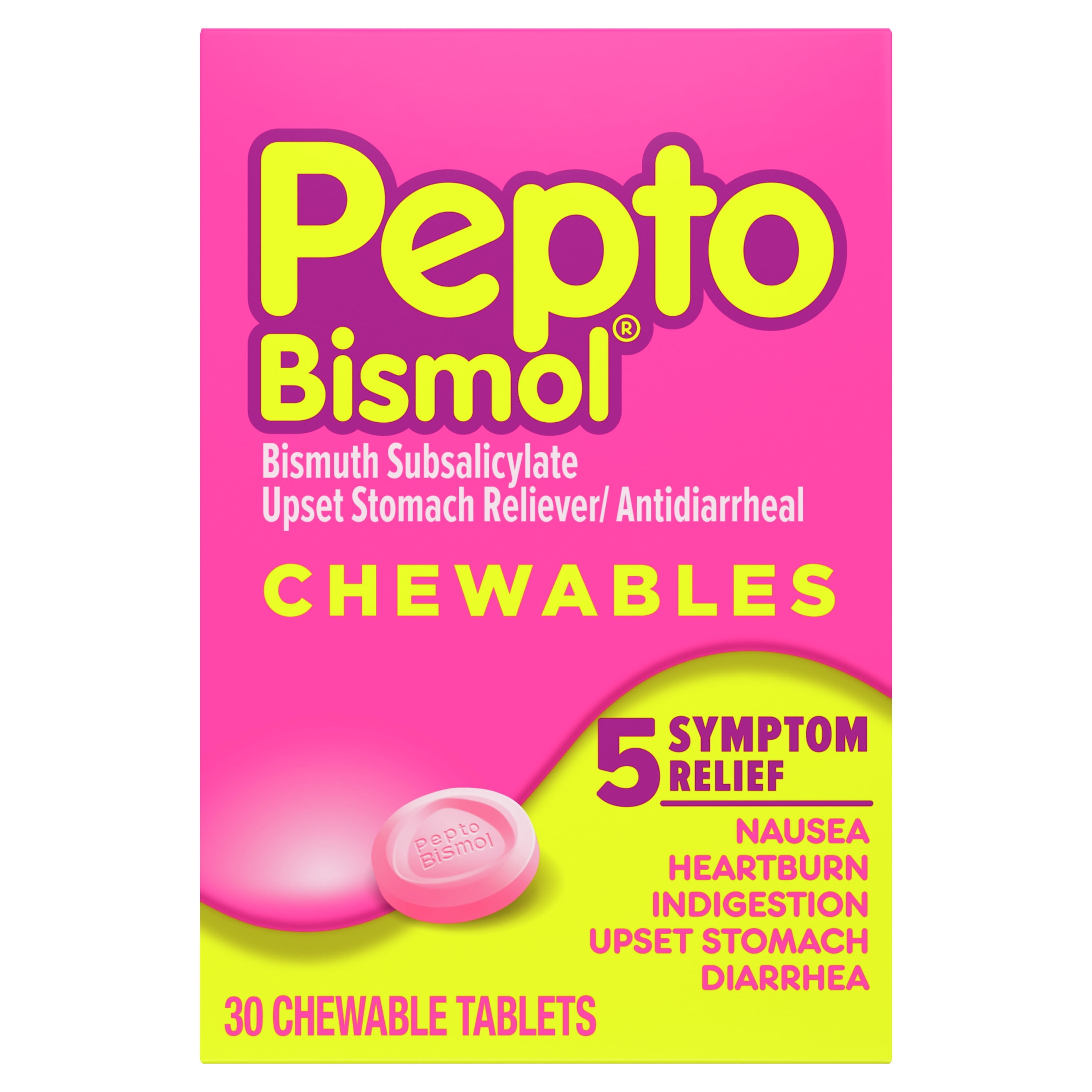 Pepto Bismol Chewable Tablets for Upset Stomach & Diarrhea Relief, Over-the-Counter Medicine, 30 Ct
