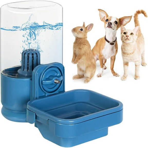 Small Animals Water Bottle Dispenser for Crate, Water Bottle Bowl with Filter for Cage, Anti-Overflow Gravity Water Bowl for Guinea Pigs, Rabbits, Ferrets, Dogs, Cats, BPA Free, 26oz, Blue