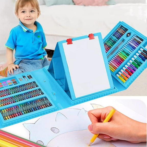 SOFTGAS Art Supplies, 208-Piece Drawing Art Kit, Gifts Art Set Case with Double Sided Trifold Easel, Includes Sketch Pads, Oil Pastels, Crayons, Colored Pencils, Watercolor Cakes, Stickers (Blue)