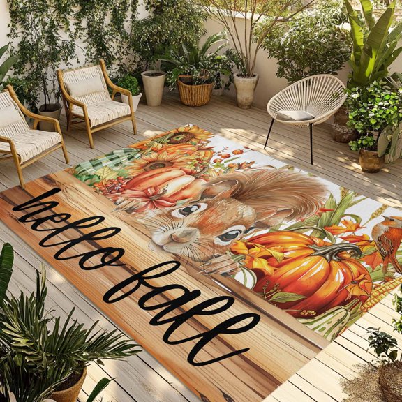 Fsddascl Hello Fall Outdoor Rug for Patio/Deck/Porch, Non-Slip Large Area Rug 6 x 9 Ft, Squirrel Pumpkins Maple Leaf Autumn Indoor Outdoor Rugs Washable Area Rugs, Reversible Camping Rug Carpet