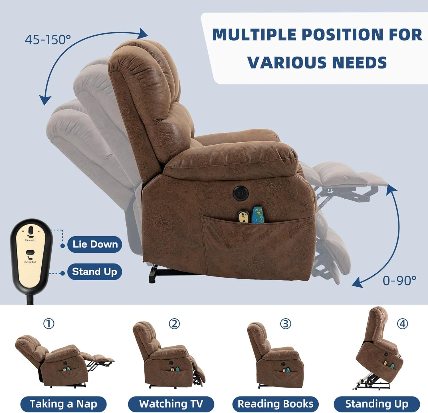 Large Electric Power Lift Recliner Chair with Extended Footrest for Elderly Tall Man, Overstuffed Heated Massage Wide Reclining Sofa with 2 Remote Controls, Side Pockets & USB Ports, Brown