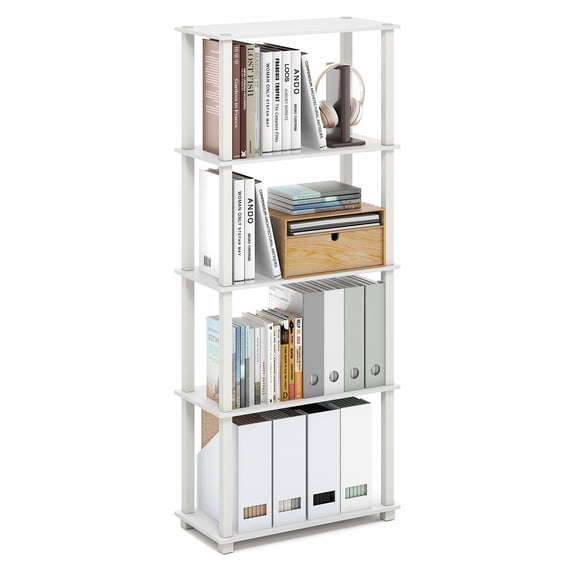 Furinno TURN-S-TUBE Book Shelf, 5-Tier Toolless Storage Shelves with Square Tubes, Shelving Unit for Organization and Storage for Living Room, Home Office, White