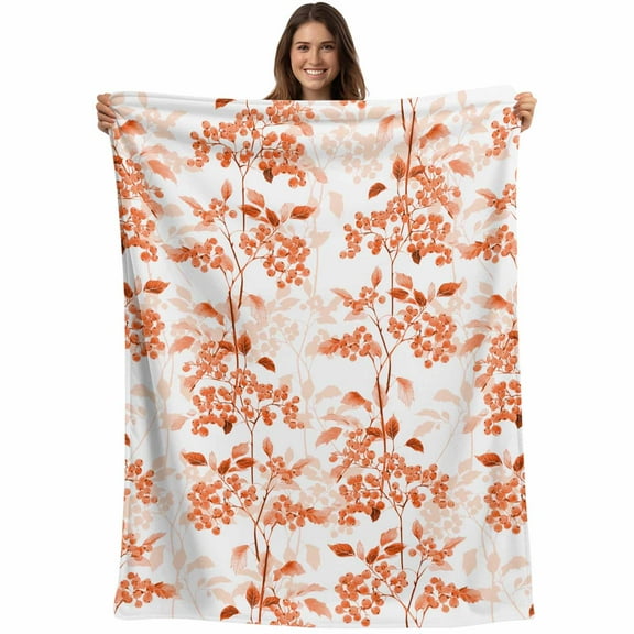 Burnt Orange Botanical Flannel Throw Blanket for Couch, Lightweight Fleece Soft Cozy Bed Blankets for Boys Girls Adults Kids, Vintage Nature Flower All Season Personalized Car Blanket 49 x 59 Inch