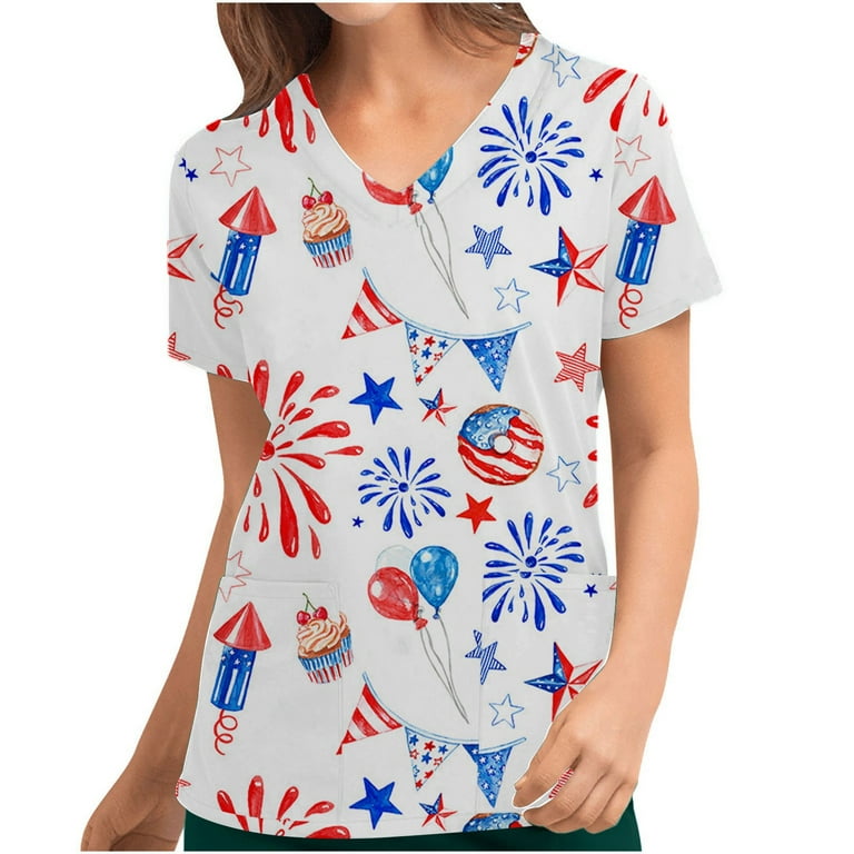 Christmas Scrubs Shirts for Women Cute Santa Claus Print V Neck